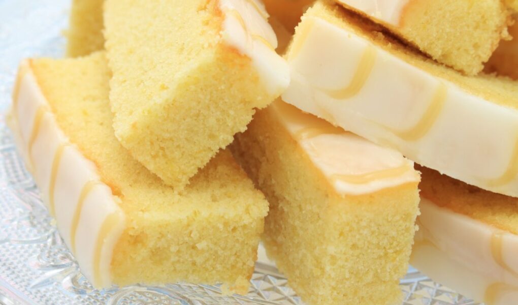 pieces of sponge cake with lemon icing