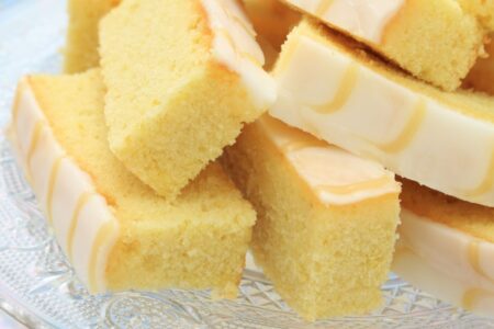 pieces of sponge cake with lemon icing