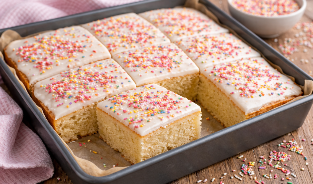 A classic sponge traybake covered in white icing and sprinkles