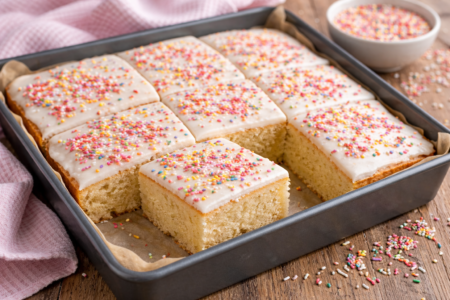 A classic sponge traybake covered in white icing and sprinkles
