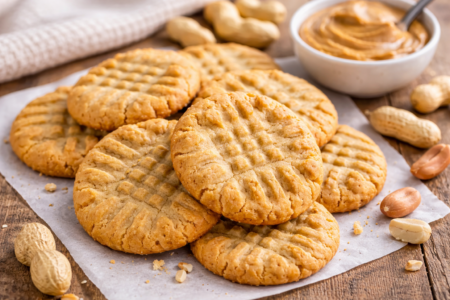 A pile of peanut butter cookies sat next to a small bowl of peanut butter